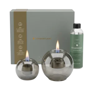 Tenderflame giftset Globus 10 & 15 Graphite + 0,5ltr Tenderfuel