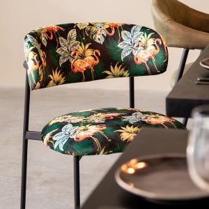 LABEL51 Eetkamerstoel Ferry - Printed Flamingo - Velvet - Zwart Metalen Frame
